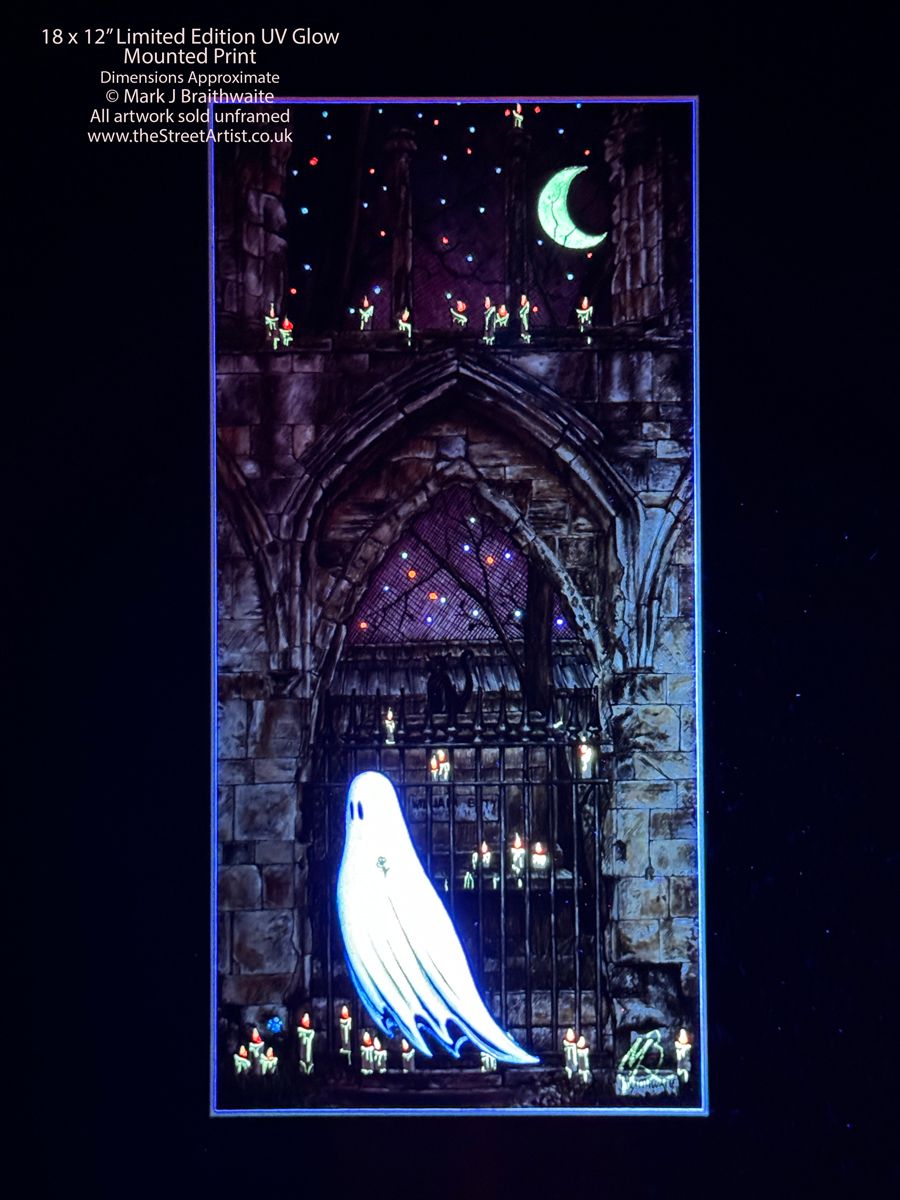 BTS7LEE: Beneath the Sheets, Quiet as a Nun. Colour Print Large Size, Limited Enchanted Edition, &quot;Celestial Light&quot; with Hand Painted Ghost, Moon, stars and candles that Glow  Under UV Black Light