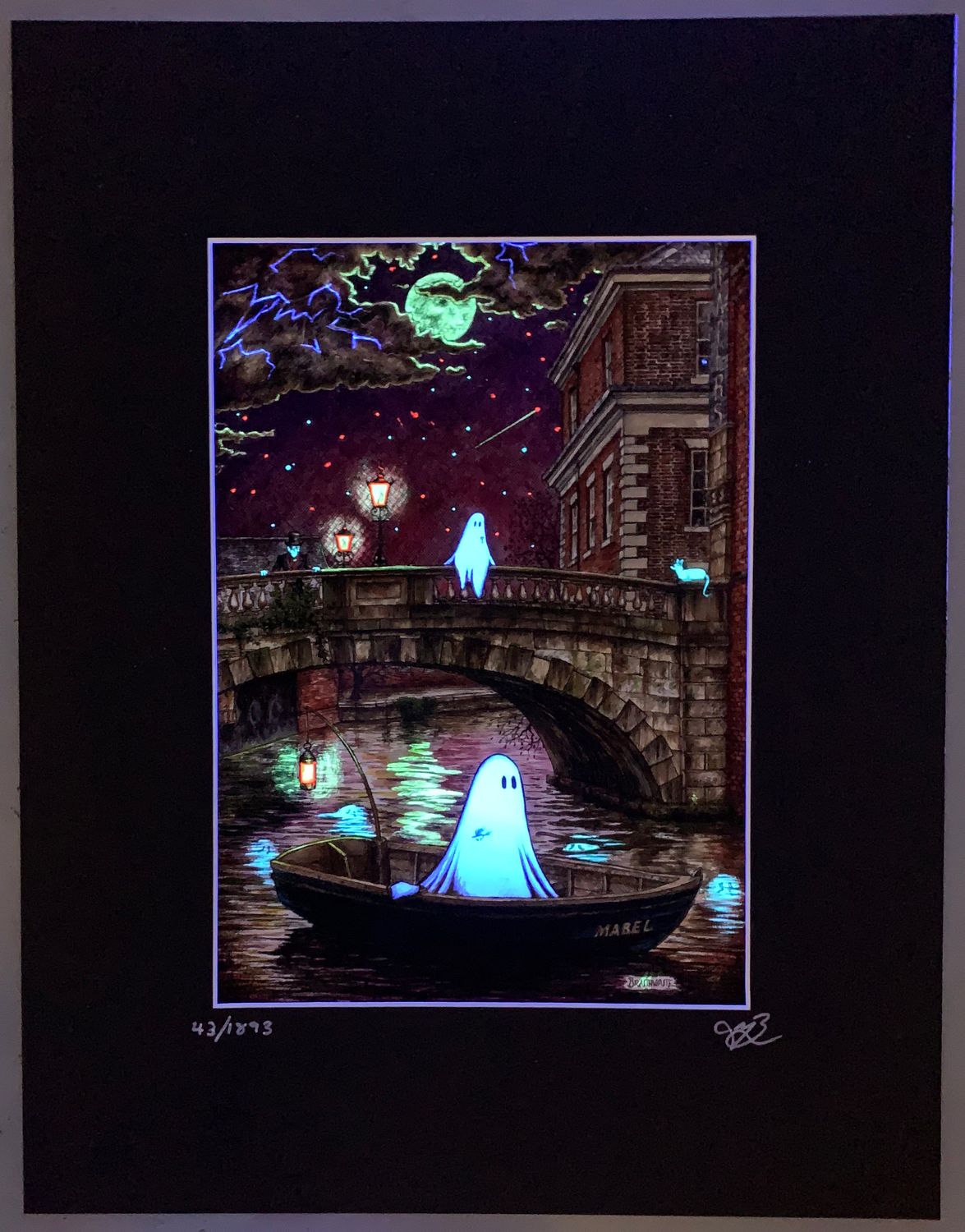 BTS11LEE: Beneath the Sheets, The Shrouded Lady. Colour Print Large Size, Limited Enchanted Edition &quot;Celestial Lights&quot;, with Hand Painted Ghosts &amp; Stars and Reflections that Glow Under UV Black Light