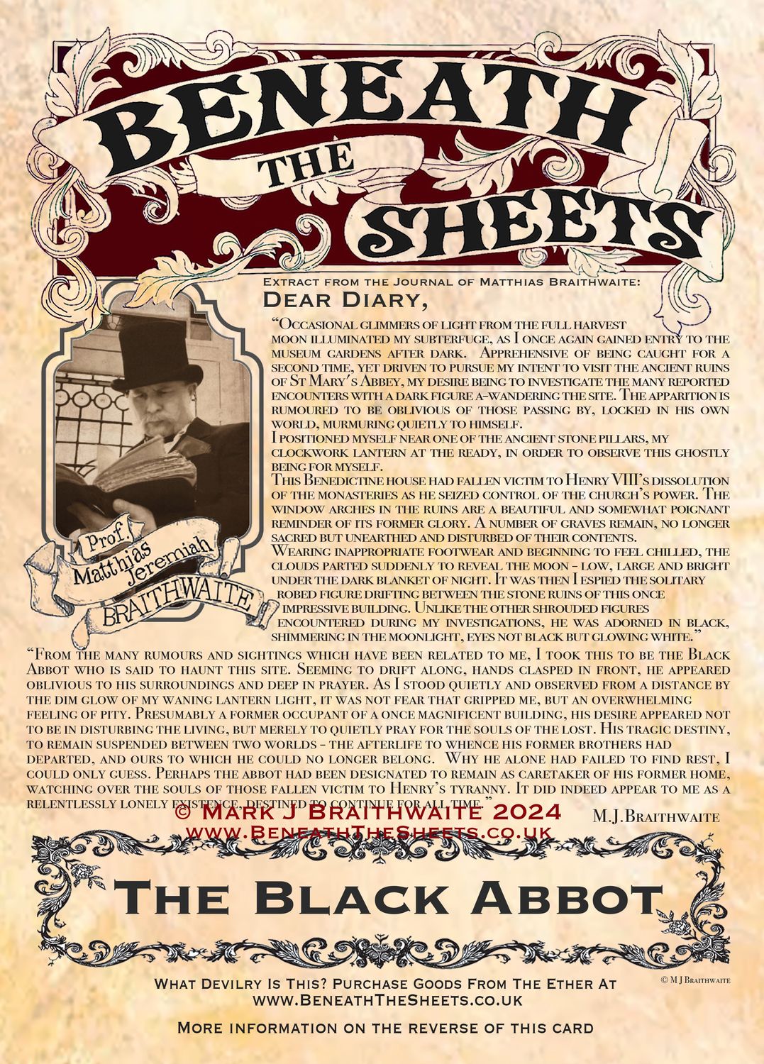 BTS13EE: Beneath the Sheets, The Black Abbot. Large Size, Enchanted Edition, with Hand Painted Ghost that Glow Under UV Black Light