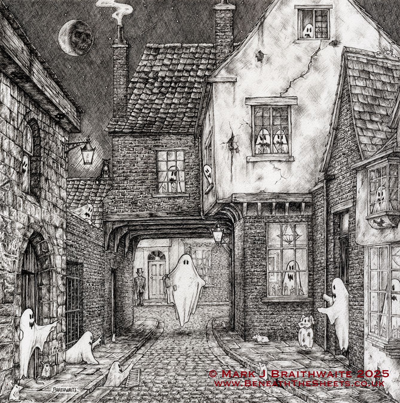 BTS14: Beneath the Sheets, The Screaming Orphans of Bedern. Large Full Image Limited Edition Ink Line Art Print 50 x 50cm Mount