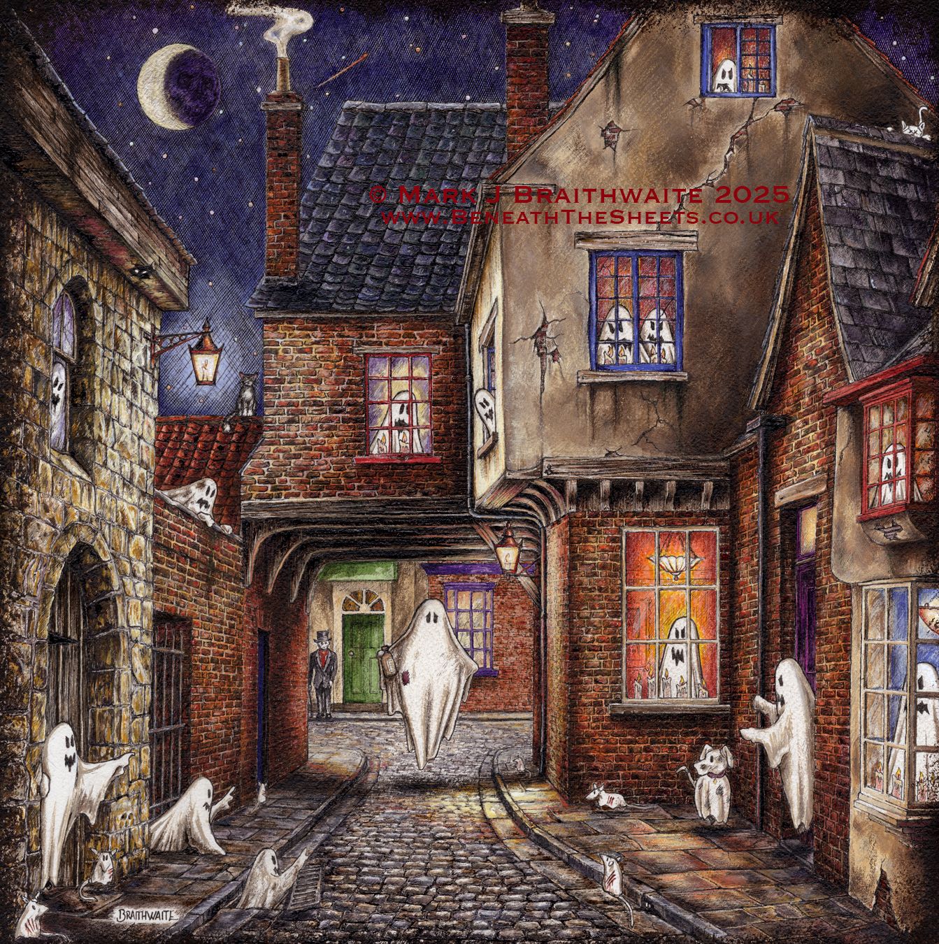 BTS14LEE: Beneath the Sheets, The Screaming Orphans of Bedern. Colour Print Large Size, Limited Enchanted Edition &quot;Celestial Lights&quot; +Hand Painted Ghosts, Moon and Stars that Glow Under UV Black Light