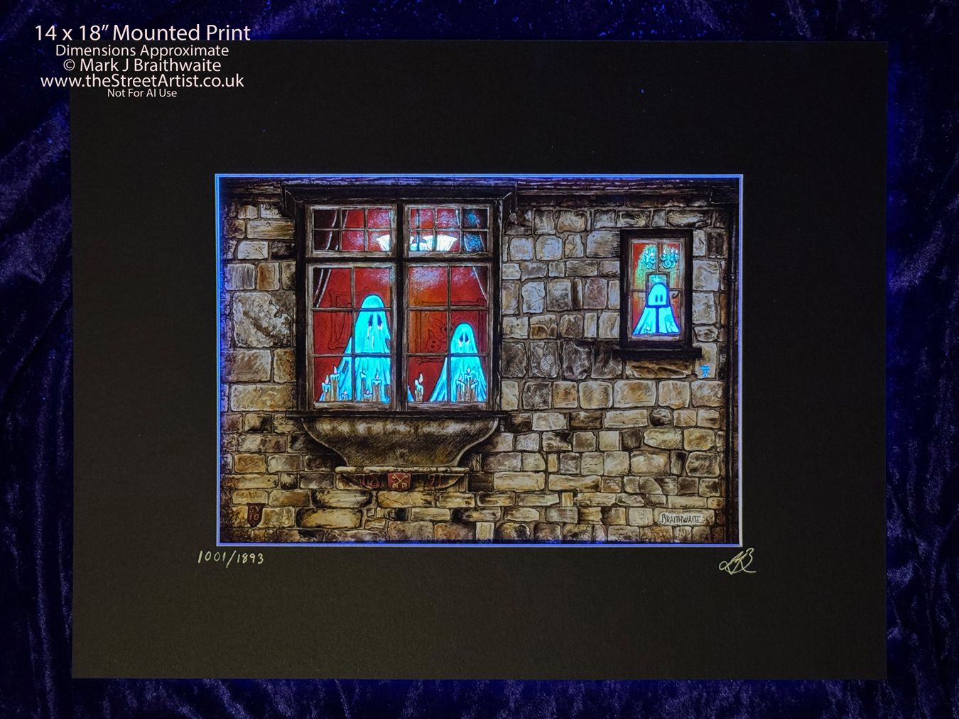 BTS6LEE: Beneath the Sheets, The Girl in the Window. Colour Print Large Size, Limited Enchanted Edition &quot;Ghostly Lights&quot;, with Hand Painted Ghosts &amp; Lights that Glow Under UV Black Light
