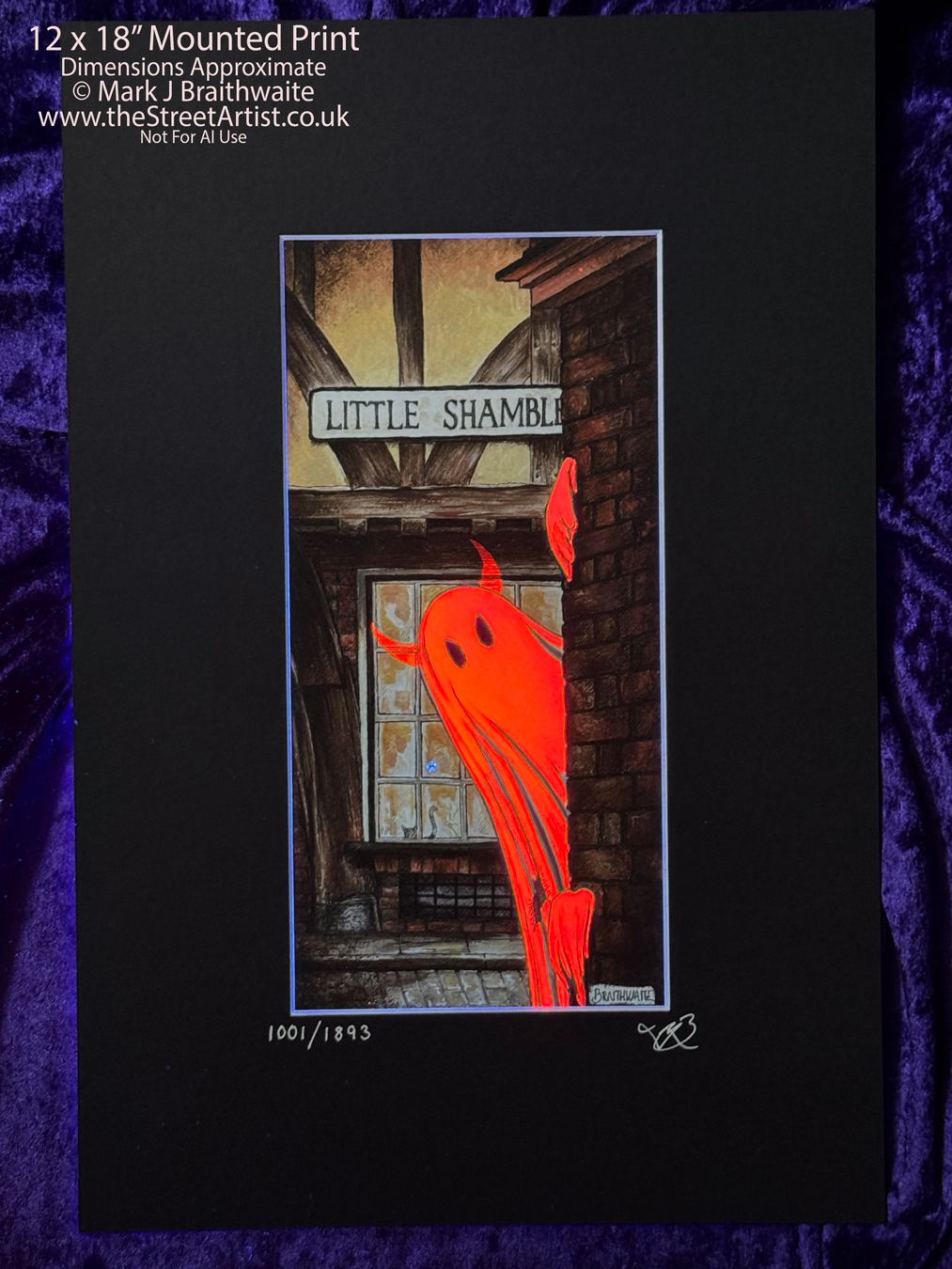 BTS1LEE: Beneath the Sheets, Boo! Horace Causes Trouble Colour Print Large Size, Limited Enchanted Edition, Horace &quot;the Red Devil&quot; with Hand Painted Ghost that Glow red Under UV Black Light