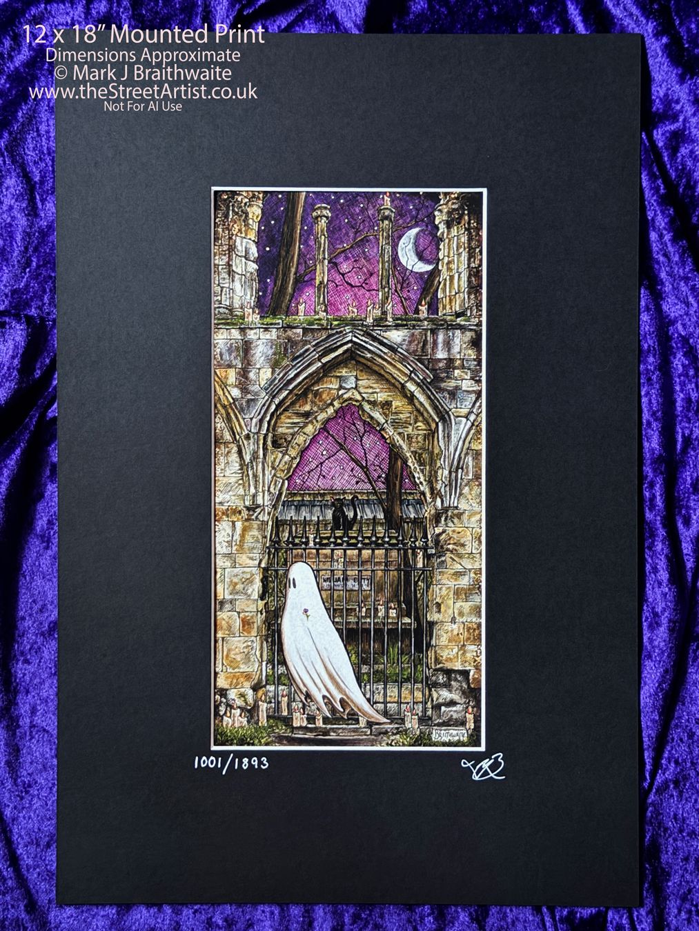 BTS7LEE: Beneath the Sheets, Quiet as a Nun. Colour Print Large Size, Limited Enchanted Edition, &quot;Celestial Light&quot; with Hand Painted Ghost, Moon, stars and candles that Glow  Under UV Black Light