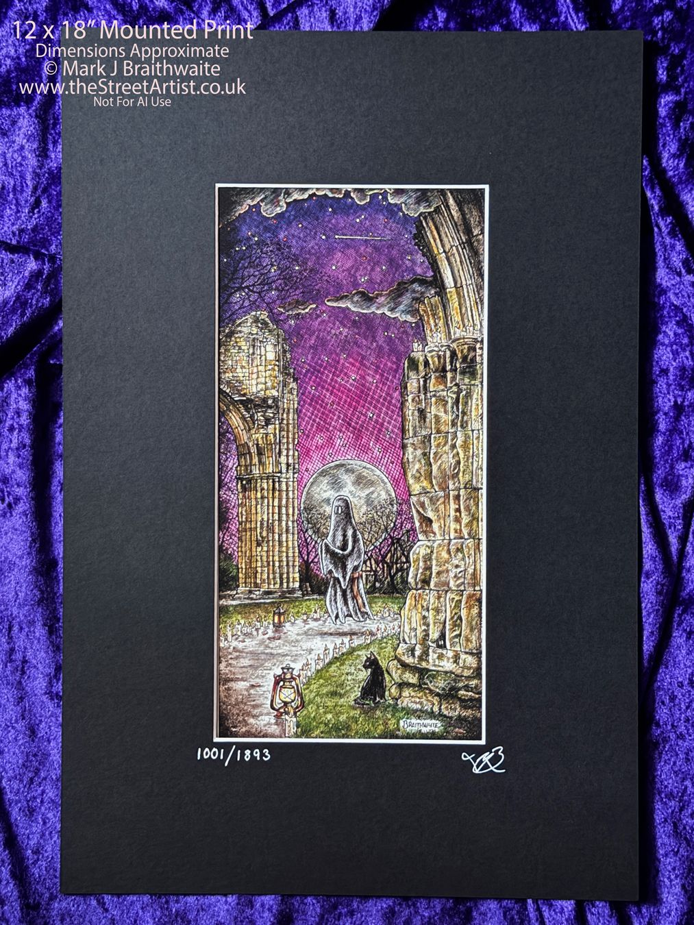 BTS13LEE: Beneath the Sheets, The Black Abbot. Colour Print Large Size, Limited Enchanted Edition, &quot;Celestial Light&quot; with Hand Painted Ghost, Moon, stars Glow  Under UV Black Light