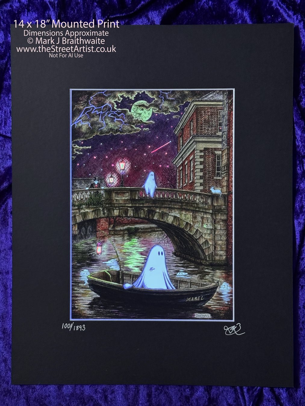 BTS11LEE: Beneath the Sheets, The Shrouded Lady. Colour Print Large Size, Limited Enchanted Edition &quot;Celestial Lights&quot;, with Hand Painted Ghosts &amp; Stars and Reflections that Glow Under UV Black Light