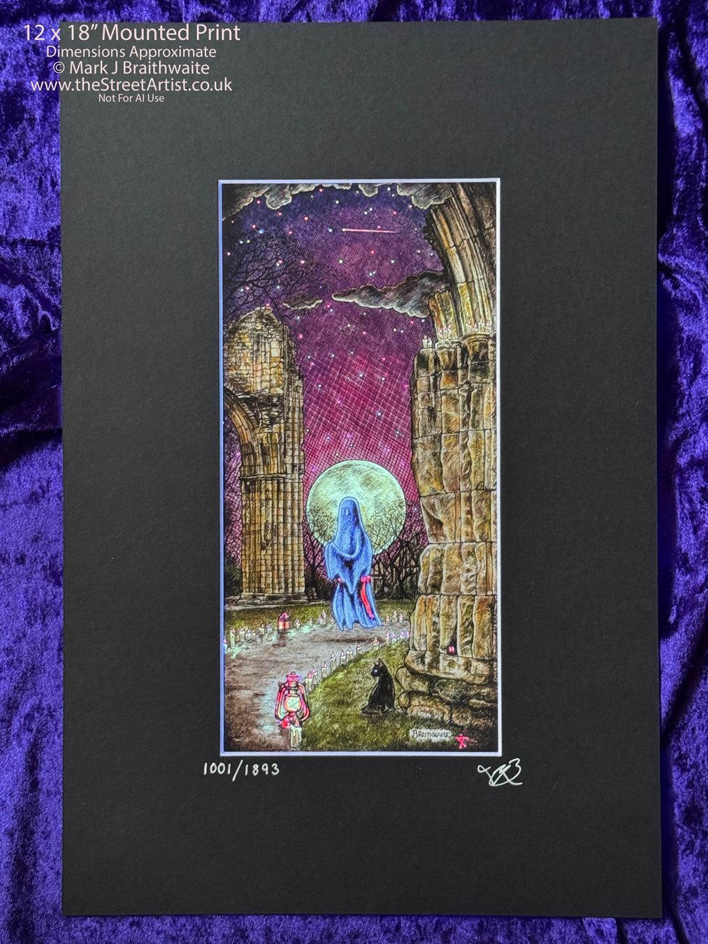 BTS13LEE: Beneath the Sheets, The Black Abbot. Colour Print Large Size, Limited Enchanted Edition, &quot;Celestial Light&quot; with Hand Painted Ghost, Moon, stars Glow  Under UV Black Light