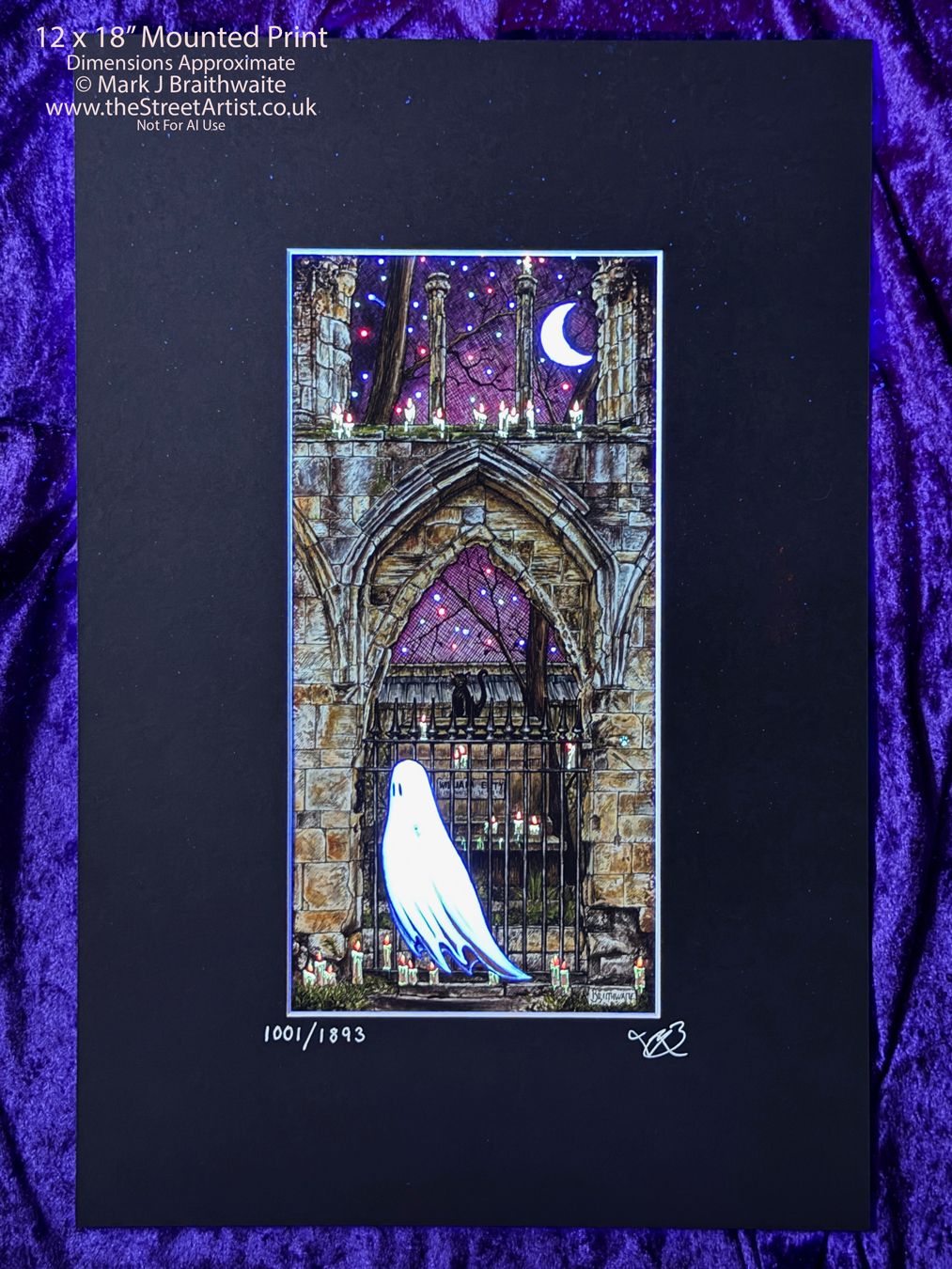 BTS7LEE: Beneath the Sheets, Quiet as a Nun. Colour Print Large Size, Limited Enchanted Edition, &quot;Celestial Light&quot; with Hand Painted Ghost, Moon, stars and candles that Glow  Under UV Black Light