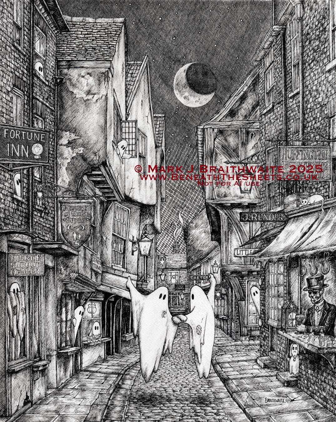 BTS15: Beneath the Sheets, A Dance Macabre. Large Full Image Limited Edition Ink Line Art Print 50 x 60cm Mount