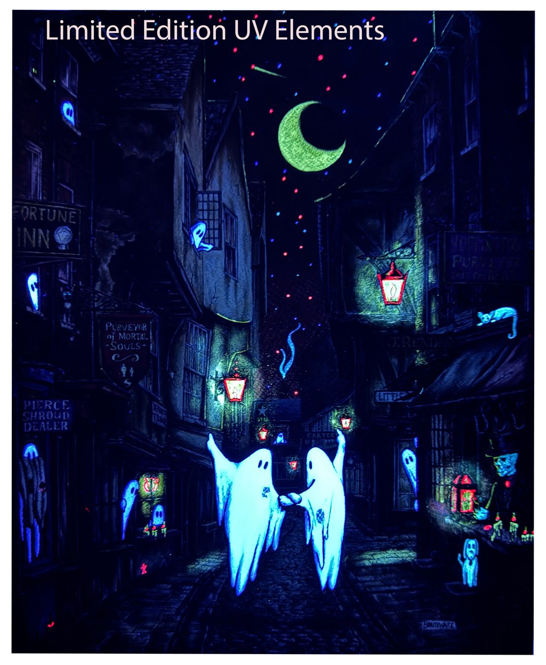 BTS15LEE: Beneath the Sheets, A Dance Macabre. Colour Print Large Size, Limited Enchanted Edition &quot;Celestial Lights&quot; with Hand Painted Ghosts, Moon and Stars that Glow Under UV Black Light