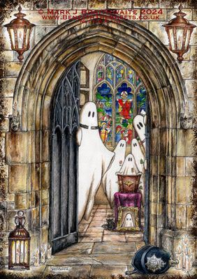 BTS16LEE: Beneath the Sheets, The Midnight Funeral. Colour Print Large Size, Limited Enchanted Edition &quot;Ghostly Lights&quot;, with Hand Painted Ghosts Windows &amp; Lights  that Glow Under UV Black Light