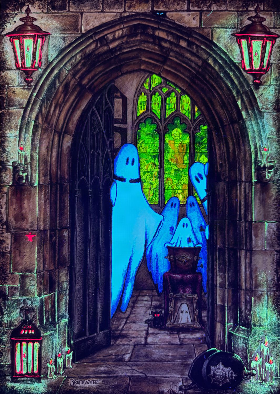 BTS16LEE: Beneath the Sheets, The Midnight Funeral. Colour Print Large Size, Limited Enchanted Edition &quot;Ghostly Lights&quot;, with Hand Painted Ghosts Windows &amp; Lights  that Glow Under UV Black Light