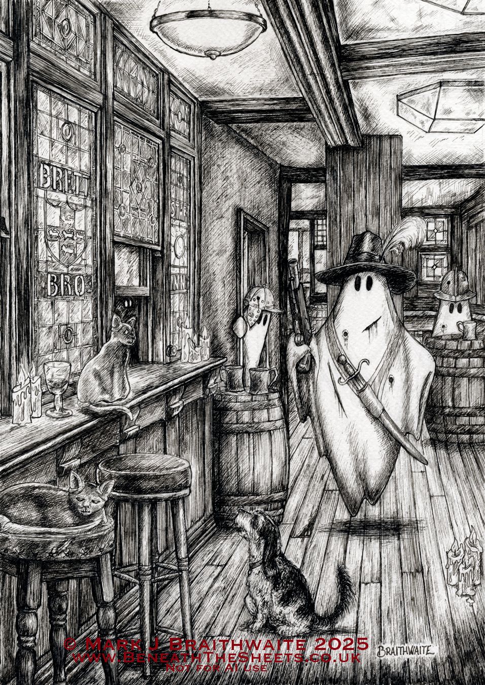 Pre Order: BTS19: Beneath the Sheets, Ye Olde Starre Inne: The Cavalier and the Black Cats. Ink Line Art Print