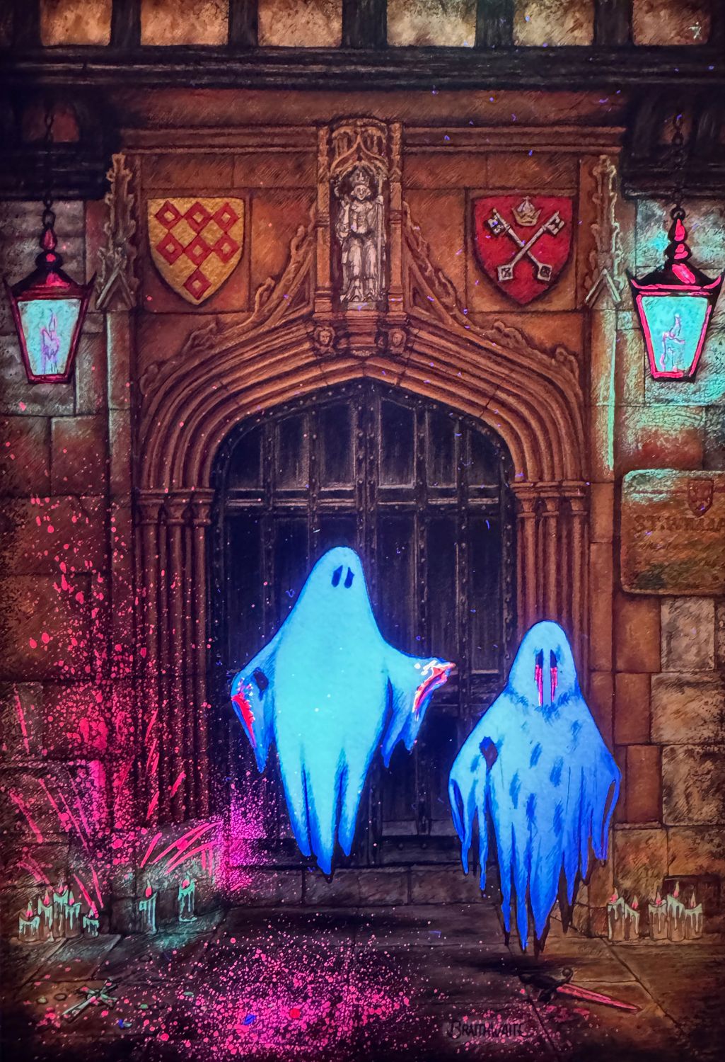 BTS18LEE: Beneath the Sheets, A Brother Betrayed. Colour Print Large Size, Limited Enchanted Edition &quot;Scene of Crime&quot;, with Hand Painted Ghosts Lights and Blood Splatter that Glow Under UV Black Light