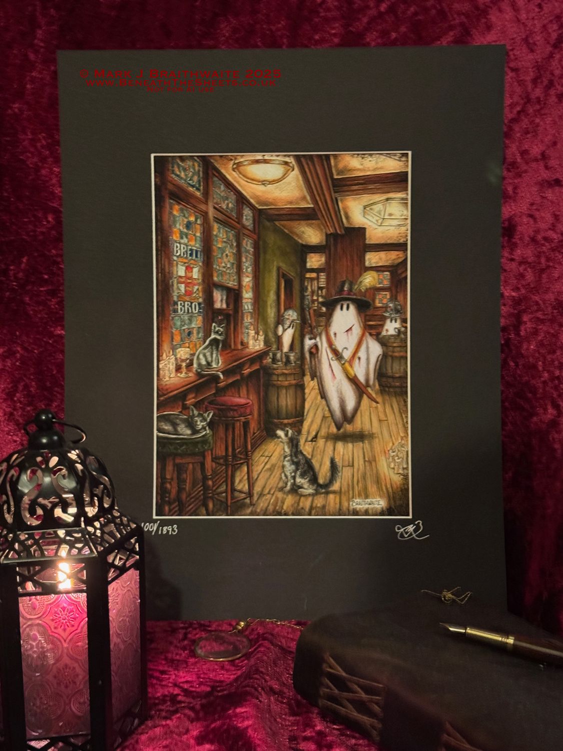BTS19LEE: Beneath the Sheets, The Cavalier and the Black Cats. Colour Print Large Size, Limited Enchanted Edition &quot;Ghostly Lights&quot;, with Hand Painted Ghosts &amp; Candles that Glow Under UV Black Light