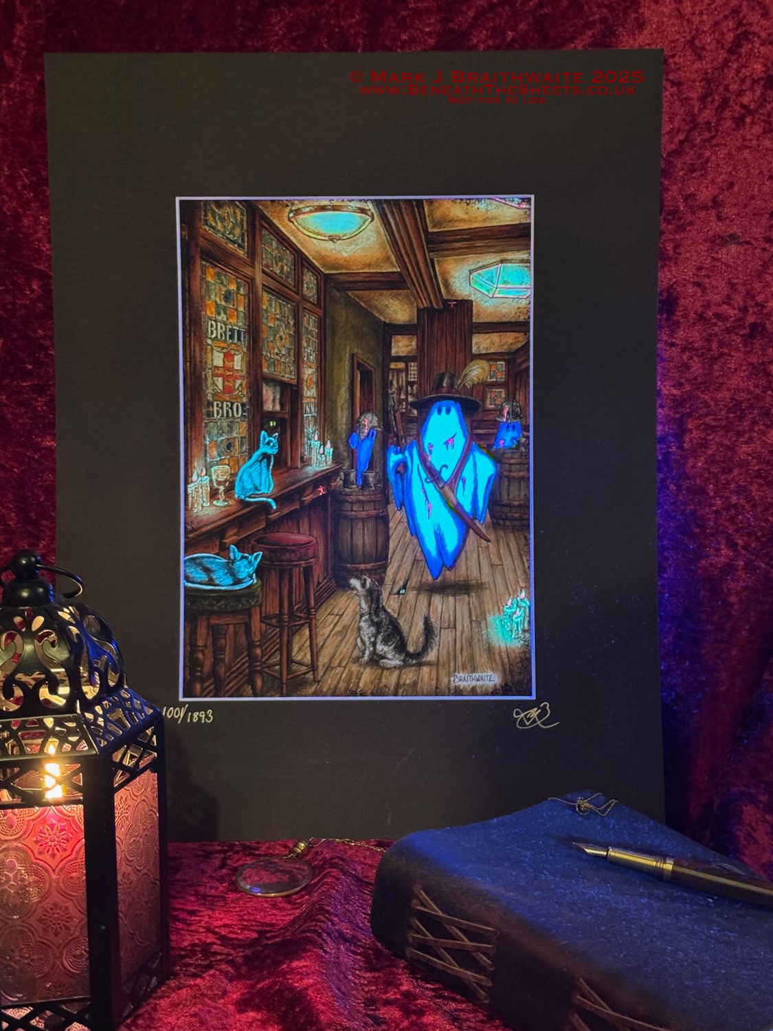 BTS19LEE: Beneath the Sheets, The Cavalier and the Black Cats. Colour Print Large Size, Limited Enchanted Edition &quot;Ghostly Lights&quot;, with Hand Painted Ghosts &amp; Candles that Glow Under UV Black Light