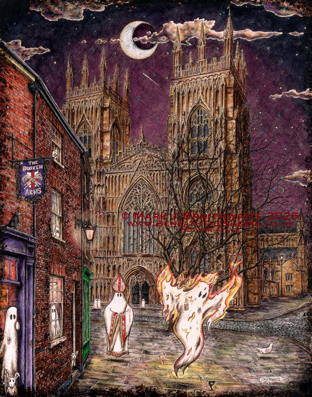 BTS21LEE: Beneath the Sheets, The Archbishop and the Arsonist. Print Large Size, Limited Enchanted Edition "Celestial Lights" with Hand Painted Ghosts, Moon and Stars that Glow Under UV Black Light
