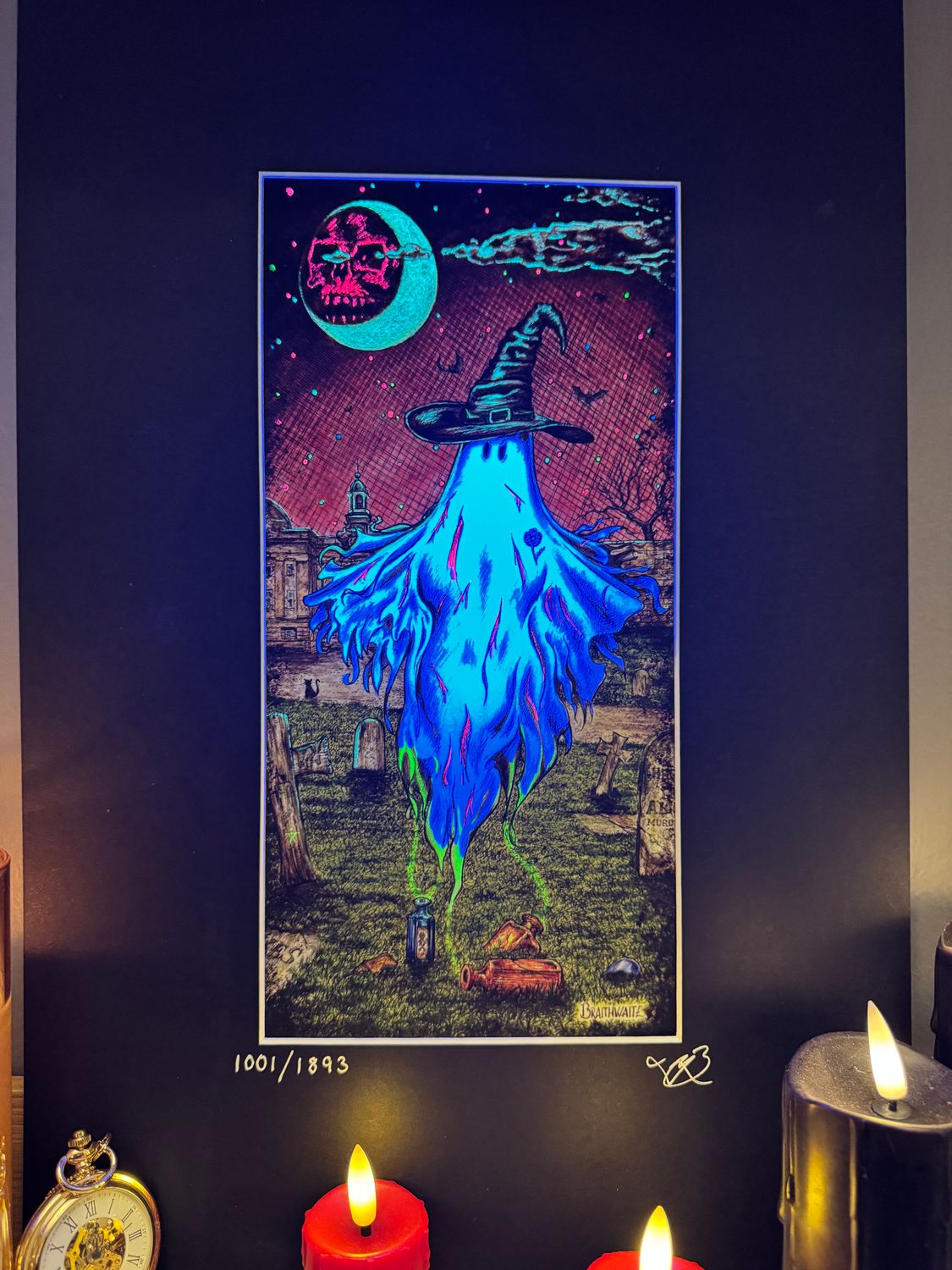 BTS20LEE: Beneath the Sheets, Yorkshire Witch. Colour Print Large Size, Limited Enchanted Edition, "Celestial Lights" with Hand Painted Ghost, Moon, Stars Glow  Under UV Black Light