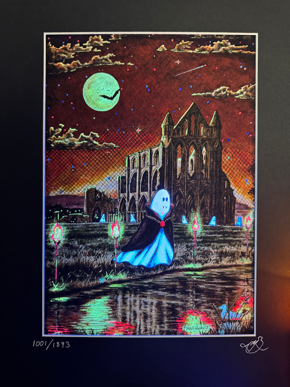BTS24LEE: Beneath the Sheets, Creature of the Night. Colour Print Large Size, Limited Enchanted Edition "Celestial Light", with Hand Painted Ghosts &amp; Torches that Glow Under UV Black Light