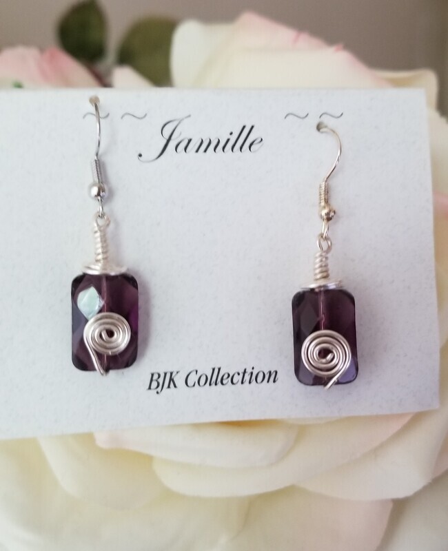 Faceted Amethyst Gemstone Earrings. Wire Wrapped in  Silver, Hook Style.