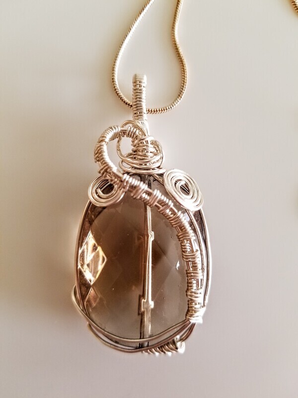 Faceted Smokey Quartz, Wire Wrapped Pendant. Includes 22" Sterling Silver Chain and Black Adjustable Cord Chain.