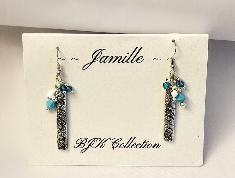 Antiqued Scroll Dangle Earrings with Swarovski Crystal Accents. Bestseller.