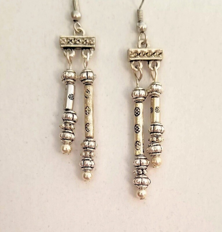 Silver Balinese Beaded Earrings Drop Hook Style.