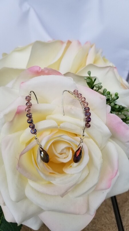 Wire Wrapped Amethyst Glass Beads with Swarovski Drop Crystal.