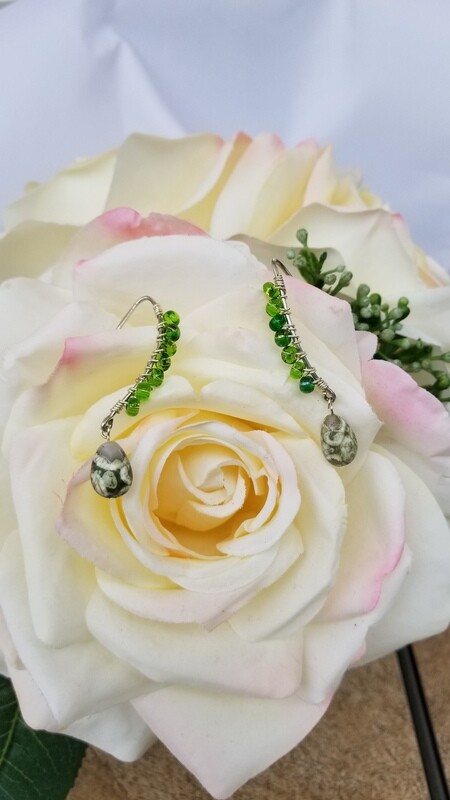 Wire Wrapped Variegated Beads with Rhyolite Gem Drops.
