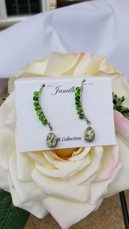 Wire Wrapped Green Variegated Beads with Rhyolite Gem Drop.