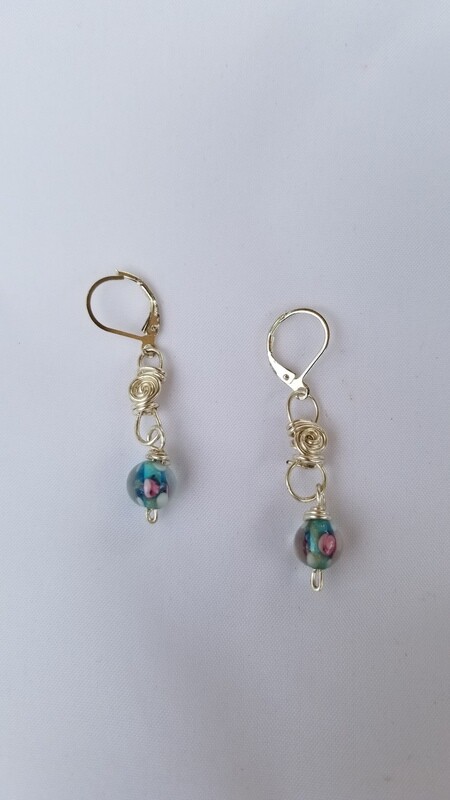 Wire Wrapped Fancy Glass Bead Earrings.