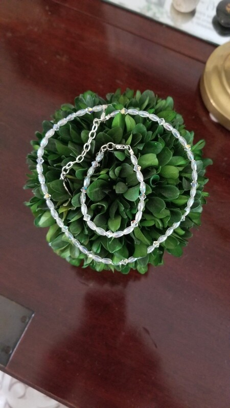 Young Girls Necklace and Bracelet Set. With Pearls and Crystals are Aurora Borealis Color.