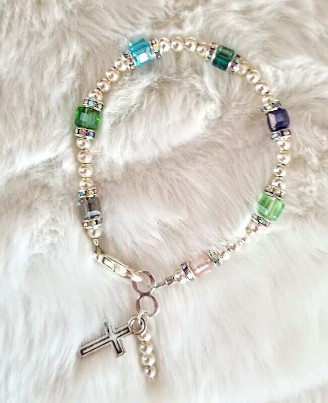 Youth Crystal Cube Bracelet. Great Gift Bracelet and Bestseller. First Communion, Birthday or Gift Bracelet with Cross (pictured).