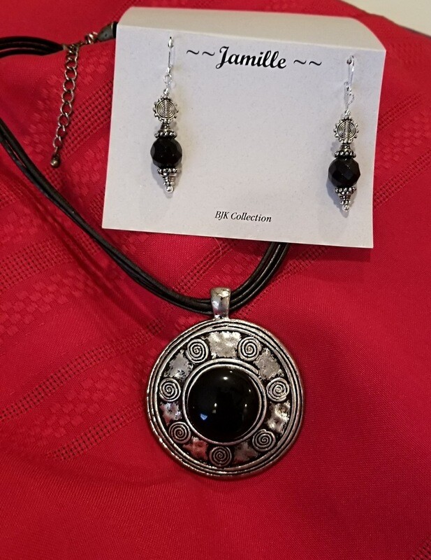 Pendant and Earring Set, Black Onyx Style Jewelry with Extender.