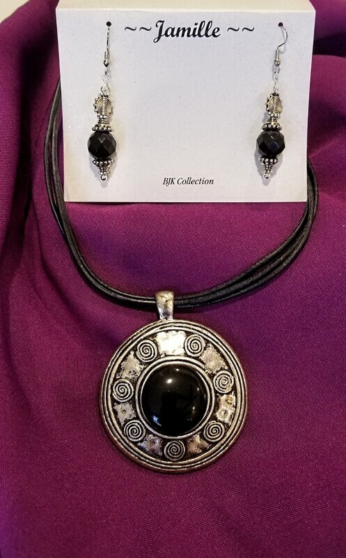 Pendant and Earring Set, Black Onyx Style Jewelry with Extender.