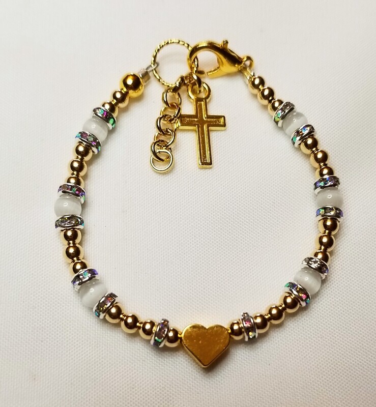 Infant/Toddler Bracelet, With Catseye Beads, Gold Heart and Cross.