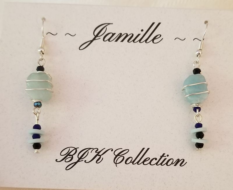 Baby blue gemstone wire wrapped earrings.