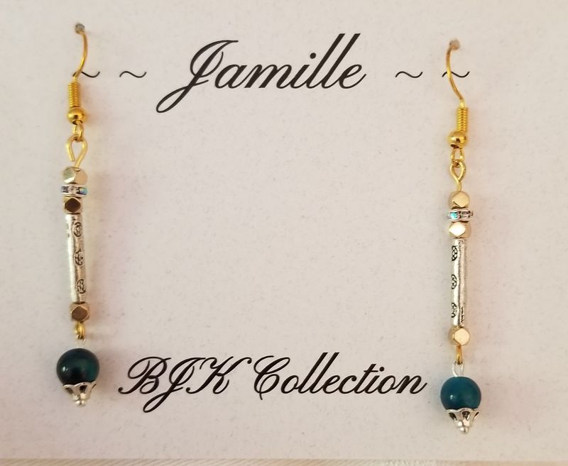 Silver with gold, Lapis Lazuli bead, dangle earrings.