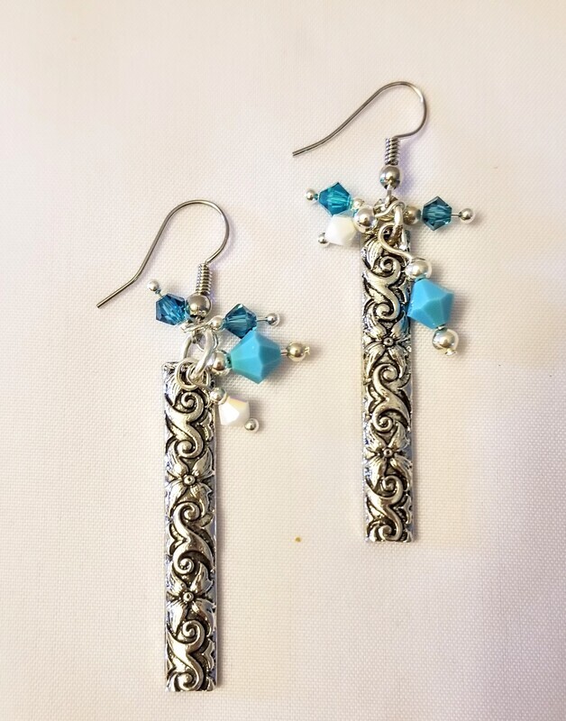 Antiqued Scroll Dangle Earrings with Swarovski Crystal Accents.