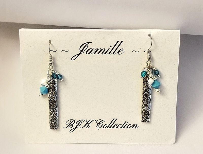 Antiqued Scroll Dangle Earrings with Swarovski Crystal Accents.