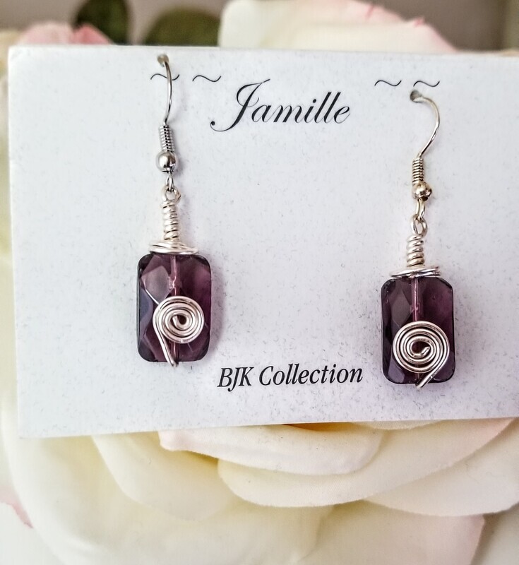 Faceted Amethyst Gemstone Earrings Wire Wrapped in Silver, Hook Style