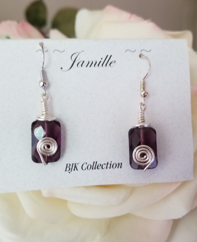 Faceted Amethyst Gemstone Earrings Wire Wrapped in Silver, Hook Style
