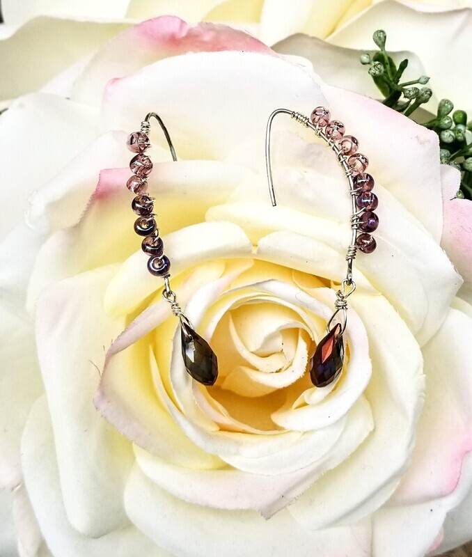 Wire Wrapped Amethyst Glass Beads with Swarovski Drop Crystal