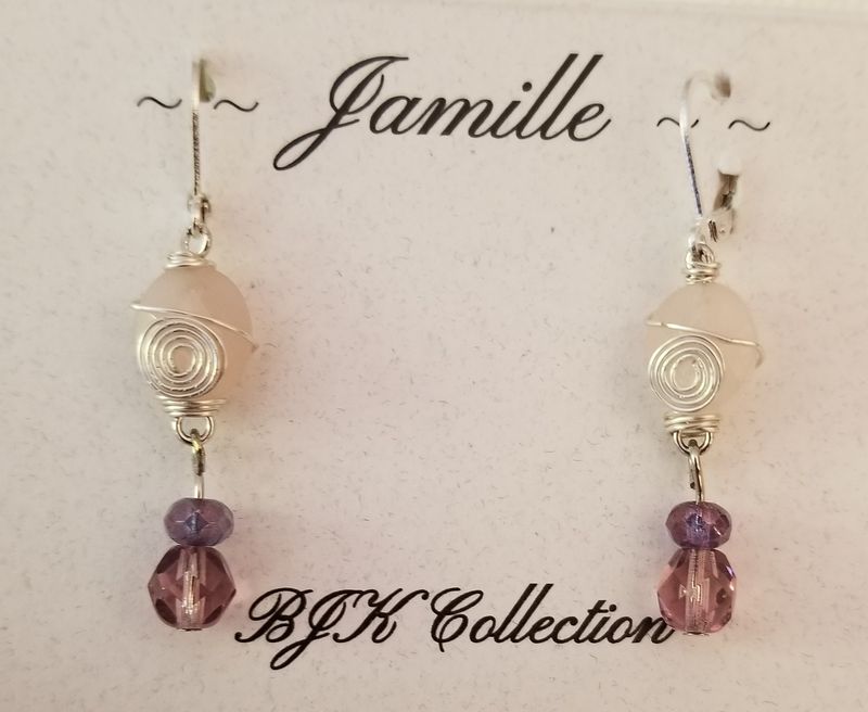 White wire wrapped gemstone, with purple Czech glass bead