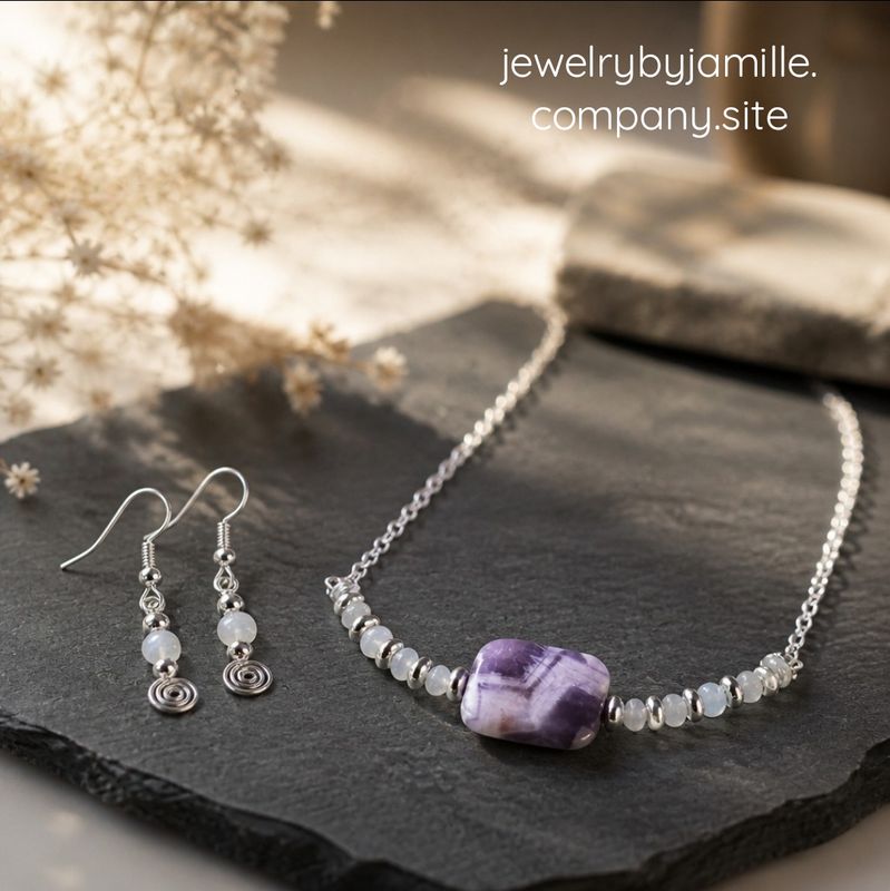Choker Amethyst Stone with White Gemstone Accents and Matching Earrings