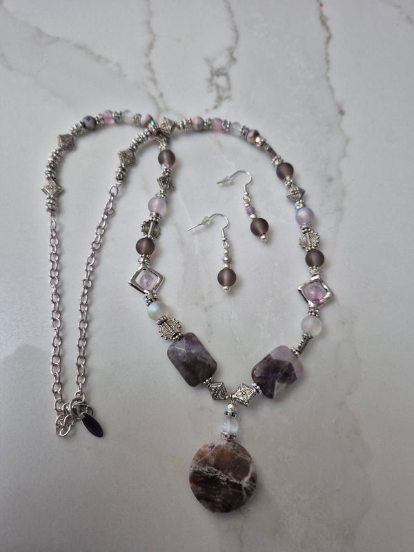 Amethyst Long Style Necklace with Earrings