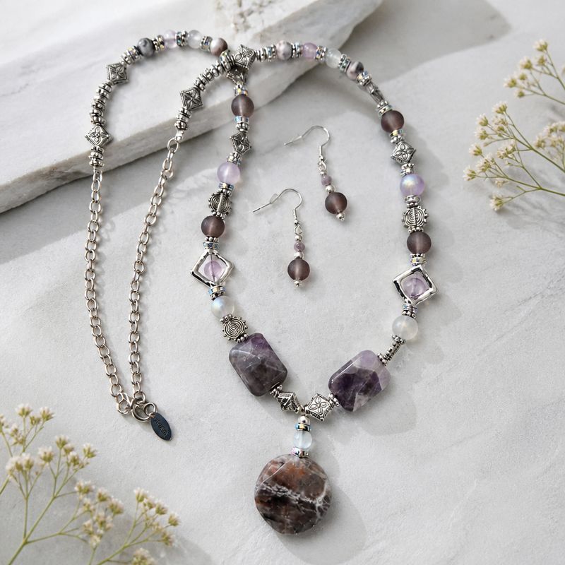 Amethyst Long Style Necklace with Earrings