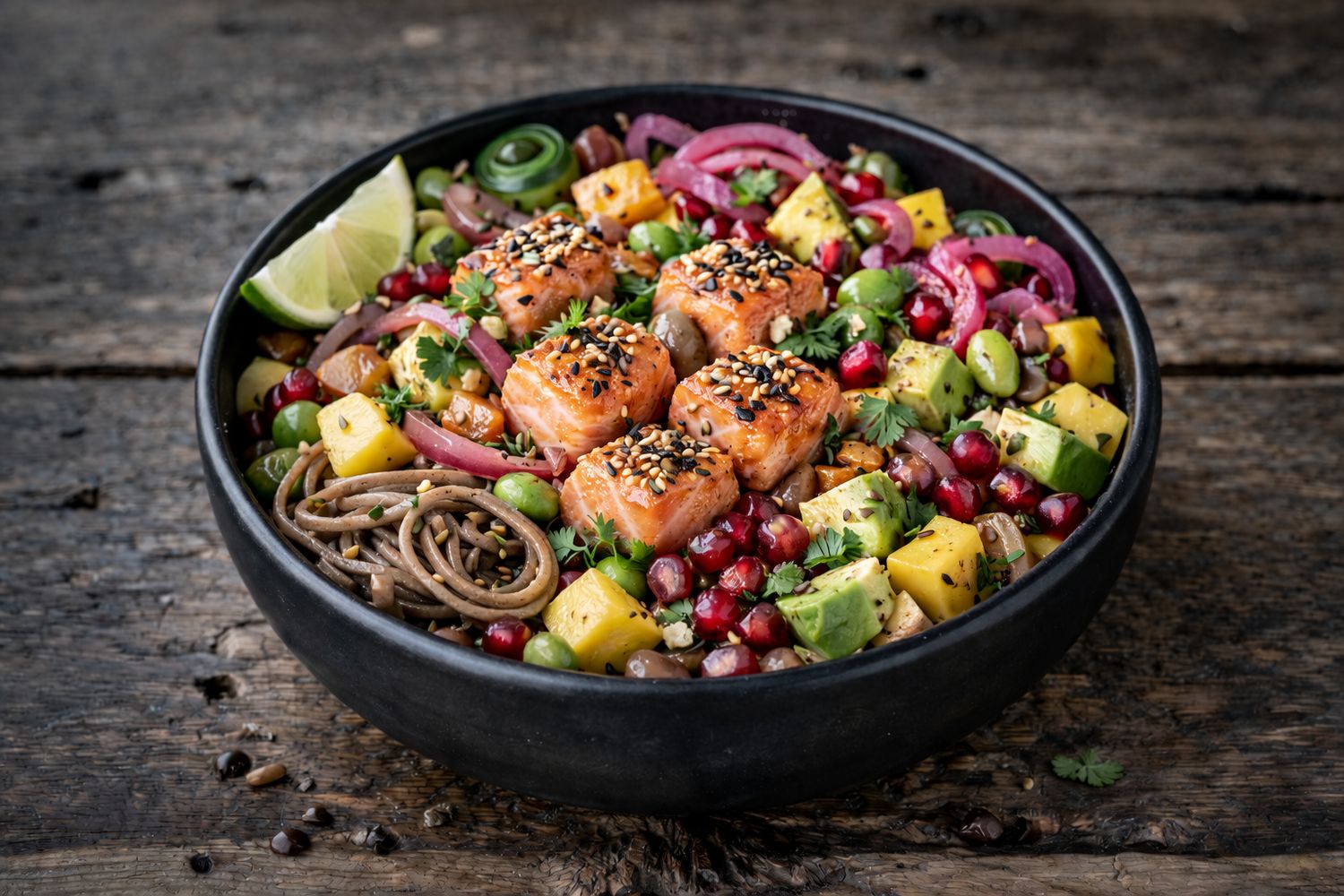 Love Bowl met tataki van zalm en noedels