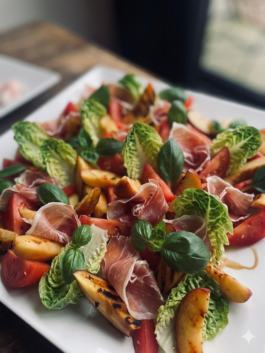 Salade Jamón, nectarine, zongedroogde tomaat, balsamico (schotel)