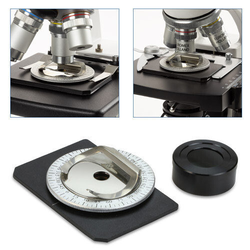 Polarisatieset. De analysator wordt geplaatst op het oculair, de 32 mm diameter polarisator wordt geplaatst in de filterhouder